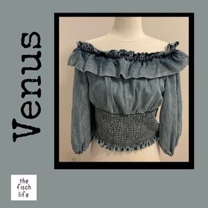 Venus Light Wash Denim Ruffle Top Size 14